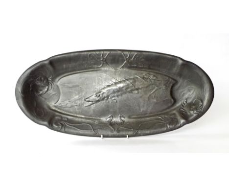 Kayserzinn Art Nouveau oval pewter dish, no. 4325, unusually decorated in relief with a pike, 24" long