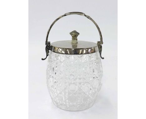 Cut glass biscuit barrel, with silver plated lid and handle surmounted by a wheatsheaf finial, 9" high
