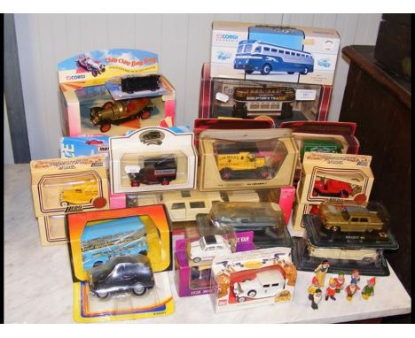 A quantity of model die cast vehicles - Corgi, Matchbox and Lledo, etc., together with metal figurines of Snow White and The 