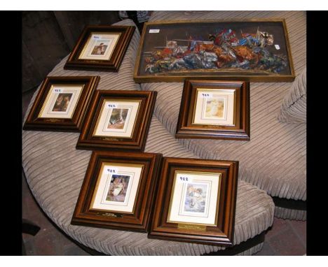 A series of framed and glazed prints, together with a metal wall plaque depicting charging knights 