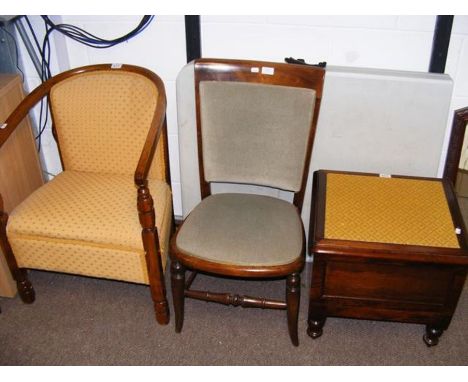 A wooden framed tub chair, together with a mahogany commode and one other chair 