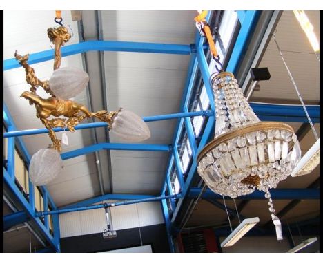 A very ornate cast metal cherub three branch crystal drop ceiling light 
