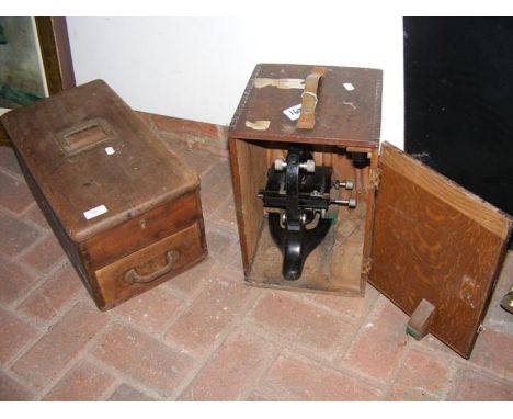 A vintage till, together with microscope 