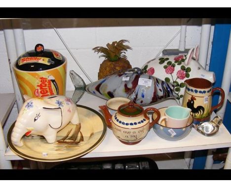 Assorted glass and china items, including Royal Doulton plate and ceramic pig