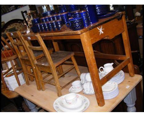 A vintage double school desk with chairs - 111cms long