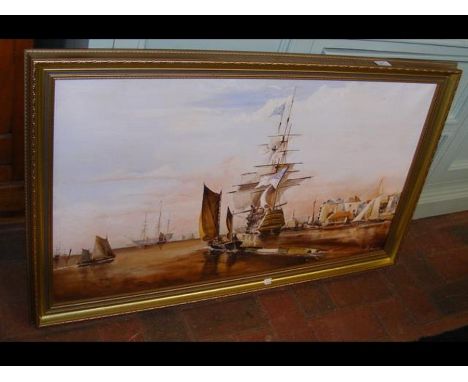 R W JANGRIDGE - oil on canvas of galleon in port 