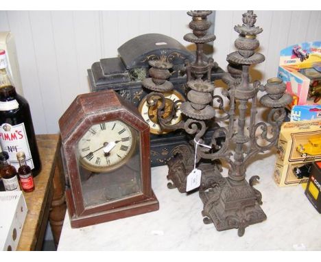 A slate and marble mantel clock, together with one other mantel clock and two metal candelabras  