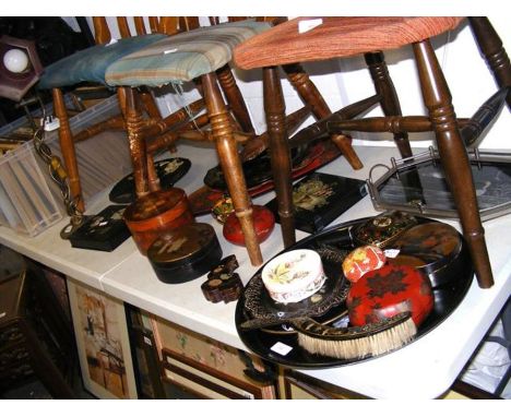 A medley of Victorian papier mache trinket boxes, together with a brass table lamp, etc. 