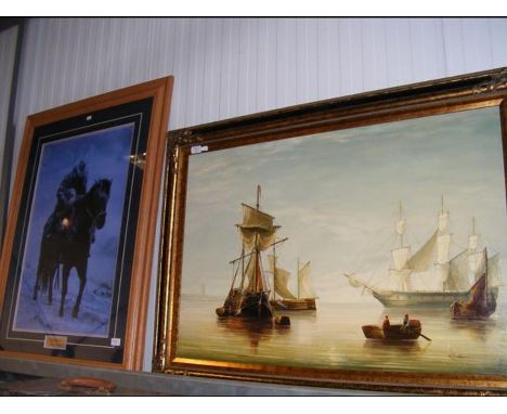 An oil on canvas - signed K DRAKE - depicting boats on calm sea, together with a signed picture entitled 'Winter Save' by Dav