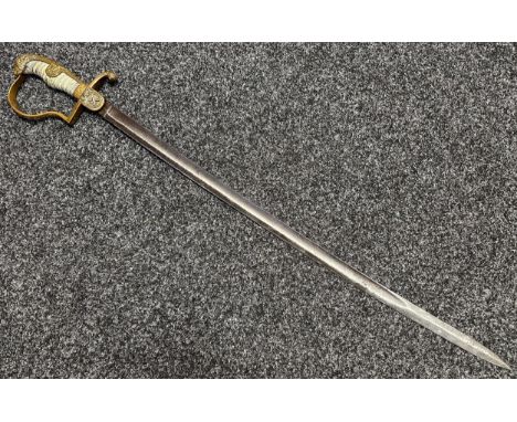 WW1 Imperial German Artillery Officers Lion Head sword with fullered single edged blade 767mm in length. No makers mark. Wire