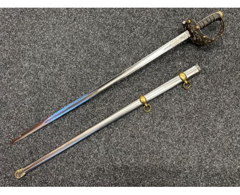 Reproduction British Victorian Officers Sword with single edged fullered blade 885mm in length, marked "Hawkes &amp; Co Manuf