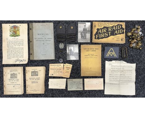 WW2 British RAF items to include Officers Greatcoat Shoulder Boards, VR collar badges, buttons, Sweetheart badge, photos, pap