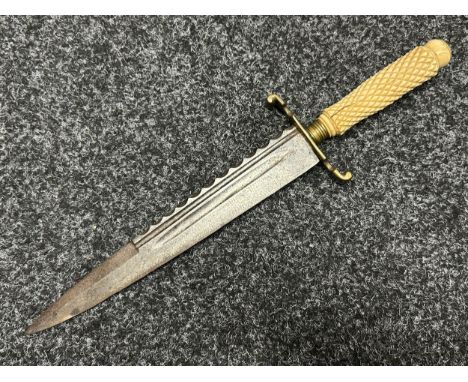 Dagger with 261mm long fullered and fluted blade. No markings. Brass crossguard. Turned Bone grip. Overall length 395mm. No s
