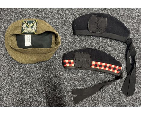 Two Scottish Glenngarys, no cap badges and a Gordon Highlanders Balmoral Bonnet maker marked "Scottish Military Tailors, Edin