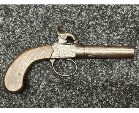 Percussion Cap Pocket Pistol by D Egg with 65mm long barrel, English proof marks, smooth bore approx. 11mm. Barrel will unscr