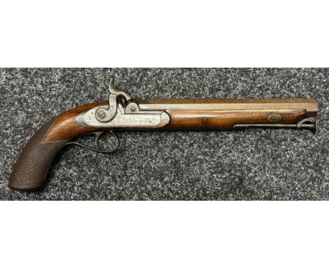 Percussion Cap Belt Pistol by B Egg, London. Octagonal browned Damascus barrel 238mm in length, engraved "B Egg, London". Smo