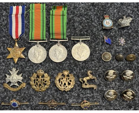 WW2 British Medals: Defence Medal x 2, War Medal, France &amp; Germany Star. Along with Notts &amp; Derbys and RAF cap badges