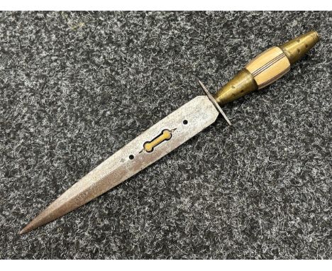 Spanish Dagger with double edged blade 190mm in length marked "Alcazar" with punch marked and open decoration. Brass and Bone