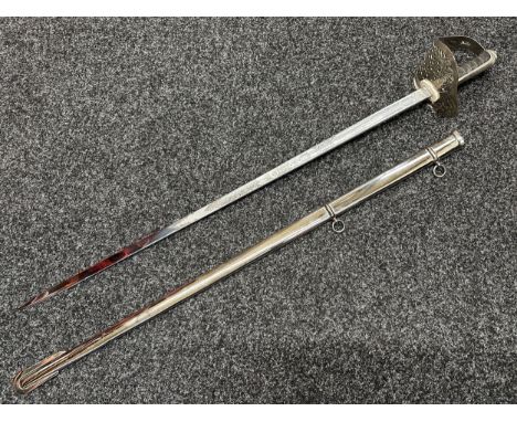 ERII 1981 Wilkinson Sword Presentation Sword with fullered single edged plate blade 817mm in length with echted deoration of 
