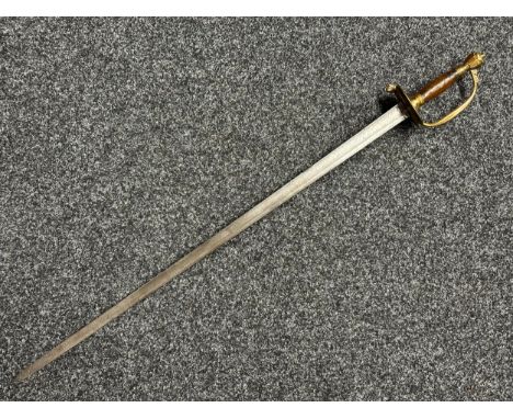 British 1796 Pattern Officers Sword with single edged fullered blade, unmarked, 800mm in length. Folding brass guard. Wooden 