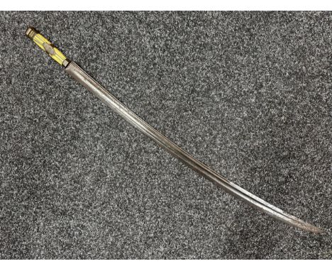 Sword with curved double fullered blade 700mm in length. Married to a fluted Bone grip with Crown and Cyhper engraved on a br