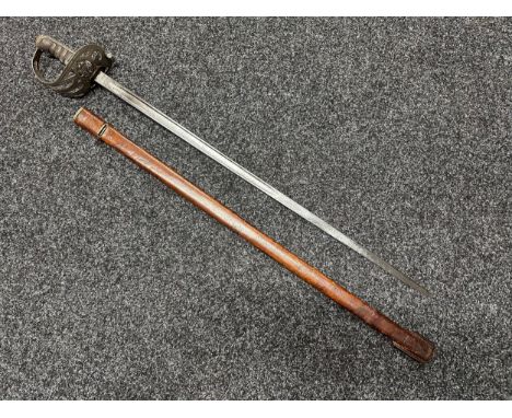WW1 British Officers Presentation Sword with single edged fullered blade with etched dedication "Pro Honore, presented by the