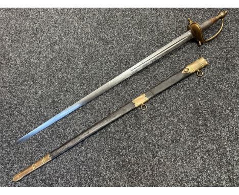 British Georgian Officers Sword with double edged fullered blade 815mm in length with engraved decoration of GR Royal Coat of