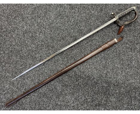 WW1 GRV Scots Guards Officers Sword with fullered etched plated blade with initial "S.H.F.L" along with Battle Honours and Ki