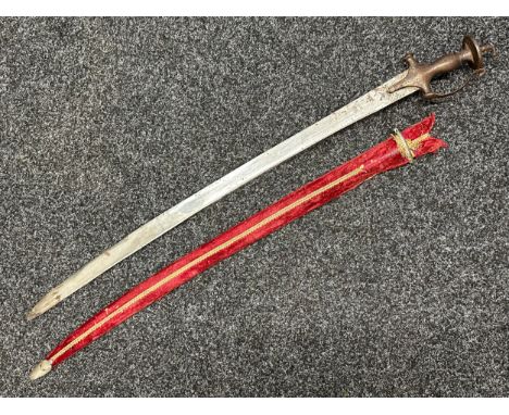 Indian Talwar Sword with curved bright steel blade 760mm in length. Cast metal grip. Overall length 890mm. Complete with velv