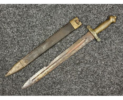 French Artillery Short Sword in relic condition with doubled edged blade in poor condition, 475mm in length. Brass hilt. Over
