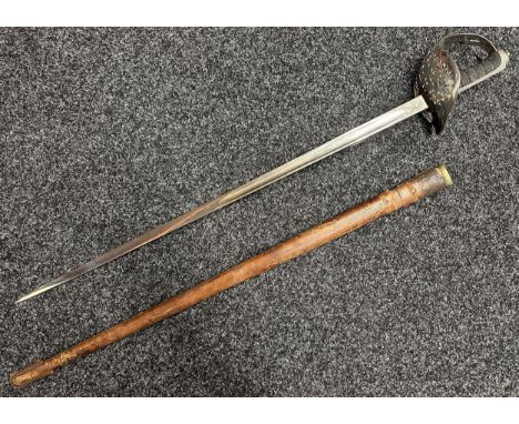 WW1 British Officers 1897 Pattern Sword with chrome plated, etched GRV, single edged fullered blade 820mm in length. Proof ma