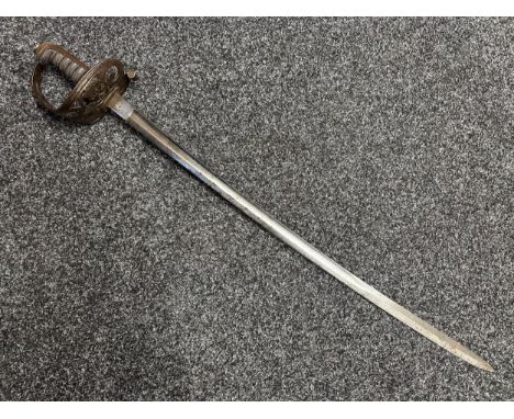 Victorian Light Infantry Officers Sword with single edged fullered etched blade 795mm in length. Proof marked and maker marke