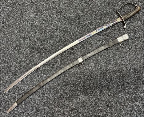 Georgian Officers Sword with curved fullered blade with engraved blued and gilded decoration 820mm in length. Wire bound grip