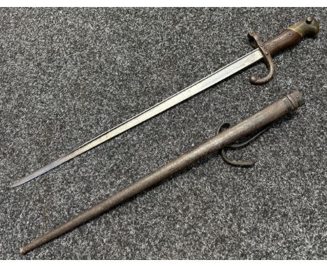 French Gras Bayonet with 520mm long blade maker marked and dated "St. Etienne 1878". Wooden grips. Guard marked "G 20638". Wo