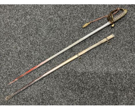 Victorian Officers Sword with plated fullered single edged blade 820mm in length, etched "19th Lanark RV" along with Queens C