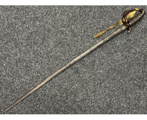 Victorian British Officers 1821 Pattern Sword with fullered single edged blade with etched decoration, Queens Crown VR, Proof