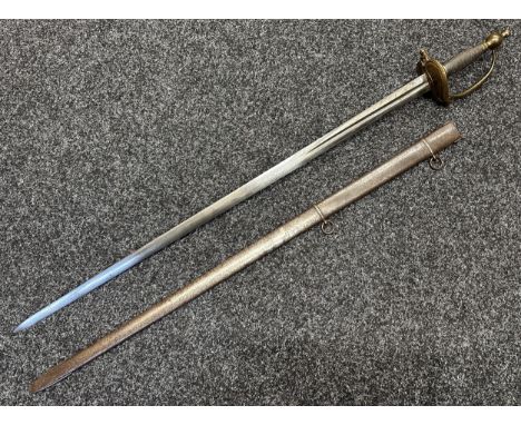 British Georgian Officers Sword with double edged fullered blade 830mm in length with engraved decoration of GR Royal Coat of
