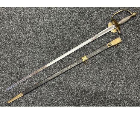 British Georgian Officers Sword with single edged fullered blade 820mm in length, engraved decoration with Crown GR along wit