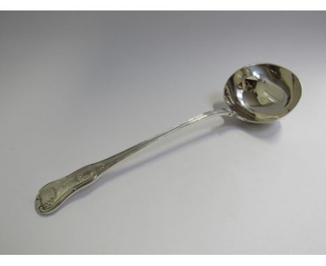 A George IV silver Kings pattern ladle with crested handle, London 1823, 34cm long, 308g