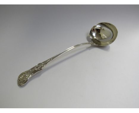 A William Bennett Queens pattern silver ladle, London 1828, monogrammed handle, 33cm long, 300g