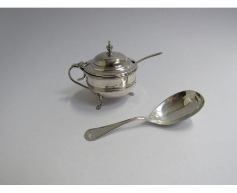 A CT Burrows &amp; Son mustard with blue glass liner and associated spoon, Birmingham 1913 and James Deakin &amp; Sons tea ca