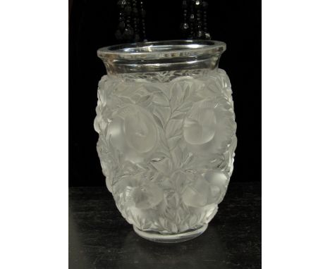 A Lalique France Bagatelle Sparrow vase decorated with foliage and birds 17cm tall   