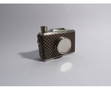 A vintage hip flask in the form of a camera, 11.5cm long 