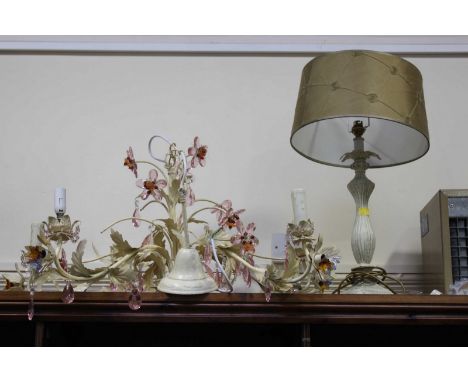 A cream-painted metal five-branch hanging electrolier with pink glass lustres, together with a cream table lamp with gold sha