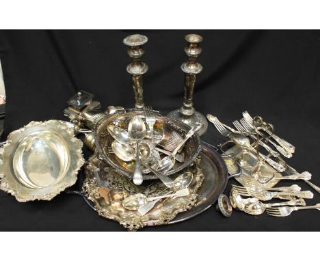 A box of assorted silver plated items including a pair of candlesticks, flatware, dishes and other items, together with two s