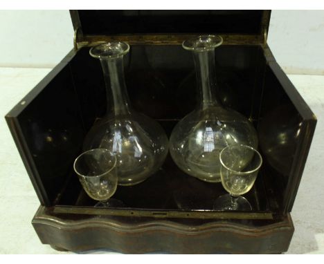 A Victorian burr walnut decanter box, with rising top with inlaid scrollwork, lacking original contents, together with two de