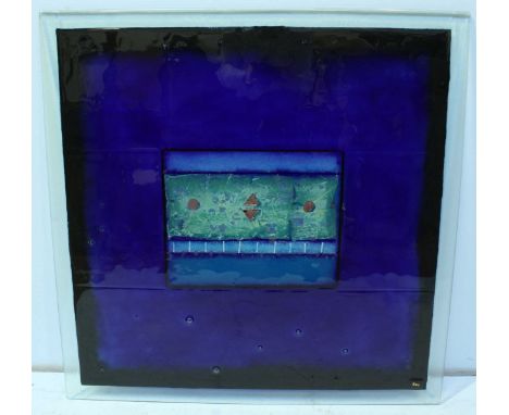 A large blue glass abstract wall handing with central pale blue panel. Signed BEZ. 88 cm square