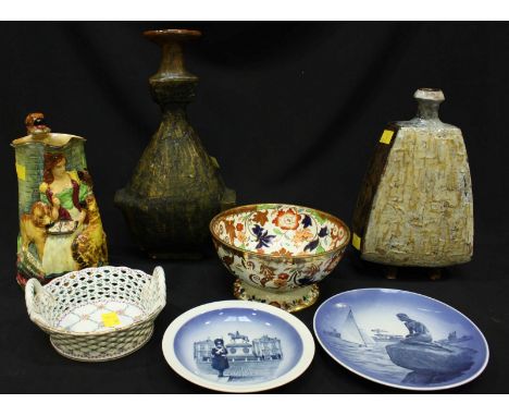 A collection of ceramics including two studio pottery vases, an Ironstone bowl, two Royal Copenhagen plates, a Continental re