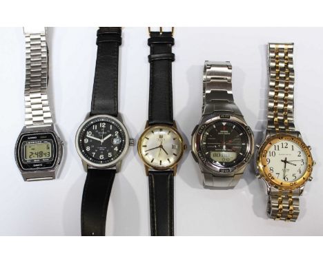 A 9ct Tissot gold `wrist watch with silvered dial and gilt baton numerals on a black leather strap, together with four other 