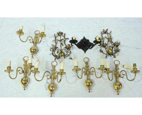 A set of five twin branch brass wall lights, together with a pair of wall lights and a single wall light. (8)